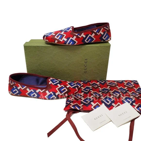 GUCCI SHOES GEOMETRIC G LOGO RED BLUE WHITE SATIN SLIPPER sz 39 9 US